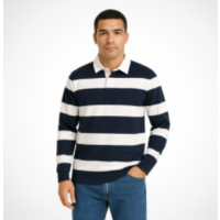 Heavyweight Rugby Polo – Striped Classic Design, Cotton Blend, Reinforced Collar & Seams, Buttoned Placket, Long Sleeves, Custom Badge Embroidery, Durable & Comfortable